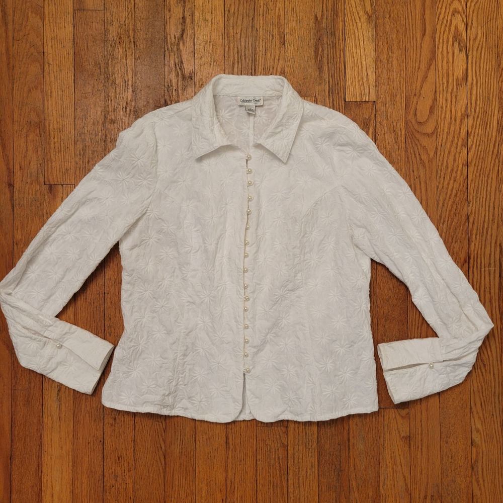 Coldwater Creek L Pearl Button Down Blouse White Embroidered Western Cottage